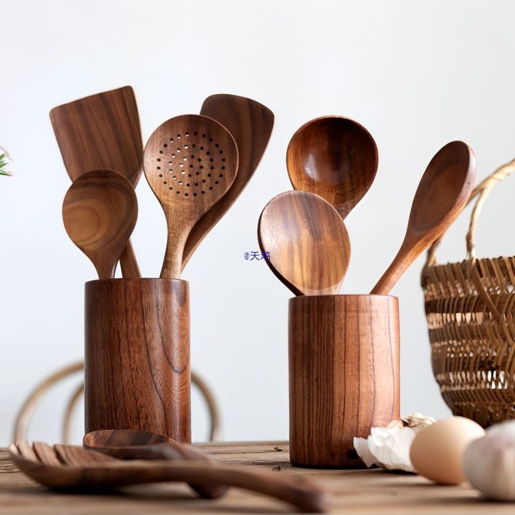Acacia Wood Cooking Utensil Set with Holder | Natural Kitchen Tools