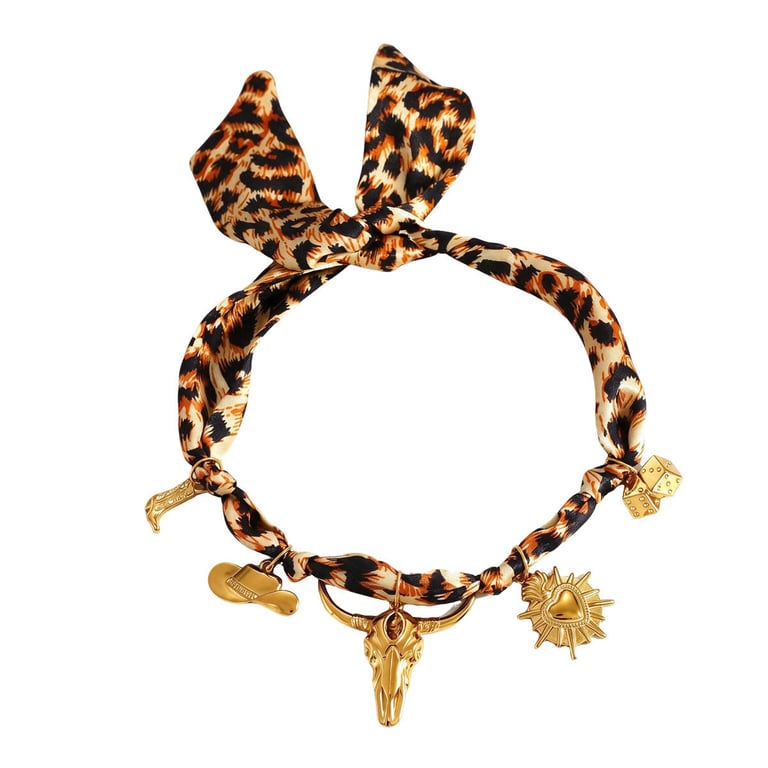 Leopard-Print Silk Scarf Necklace with Cow-Head Heart Pendant