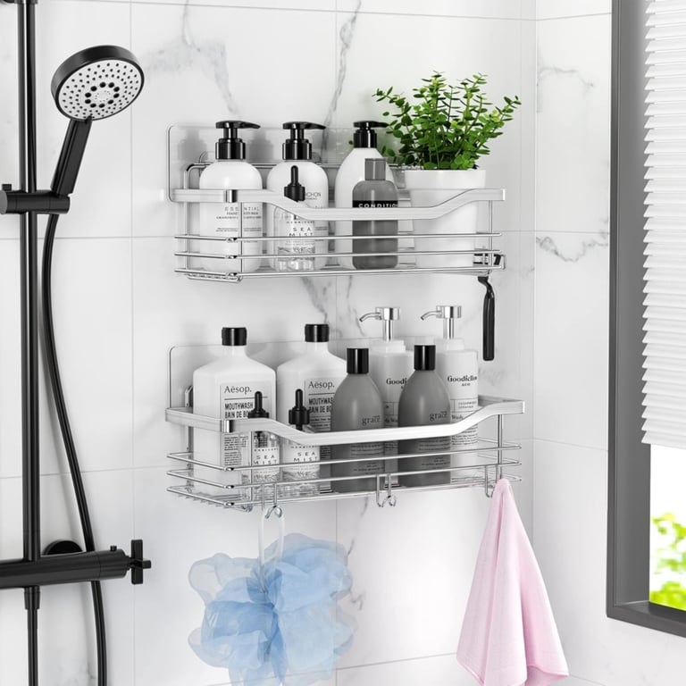 Set of 2 Stainless Steel Shower Shelves | No Drilling Required | Home & Kitchen Storage