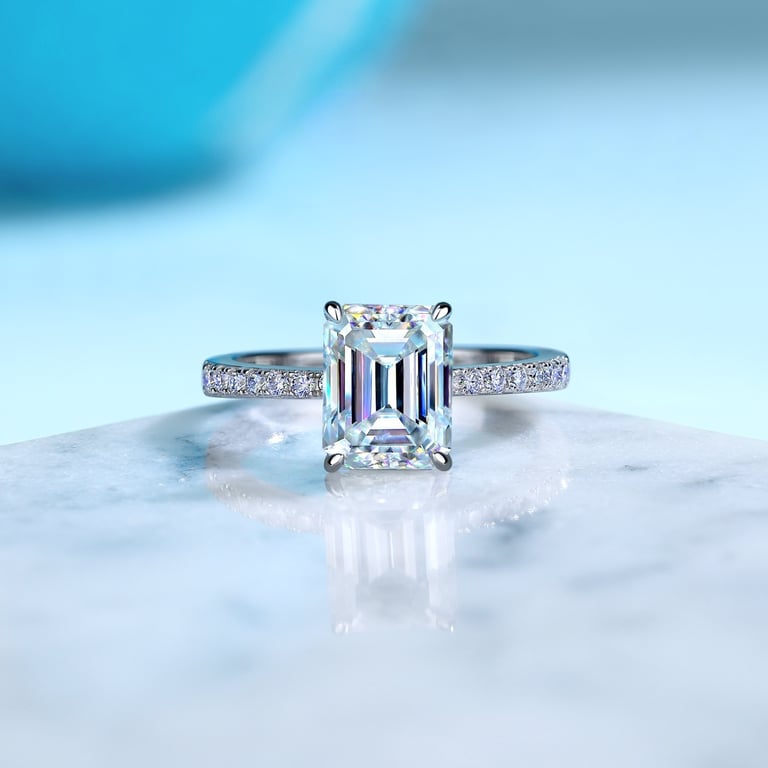 S925 Sterling Silver Four-Claw Moissanite Ring | Emerald-Cut Wedding Band